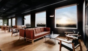 Brown leather tufted sofas and black-seated armchairs frame a sleek coffee table inside a modern, dark-walled lounge featuring light wooden floors and large windows overlooking a city at sunset.