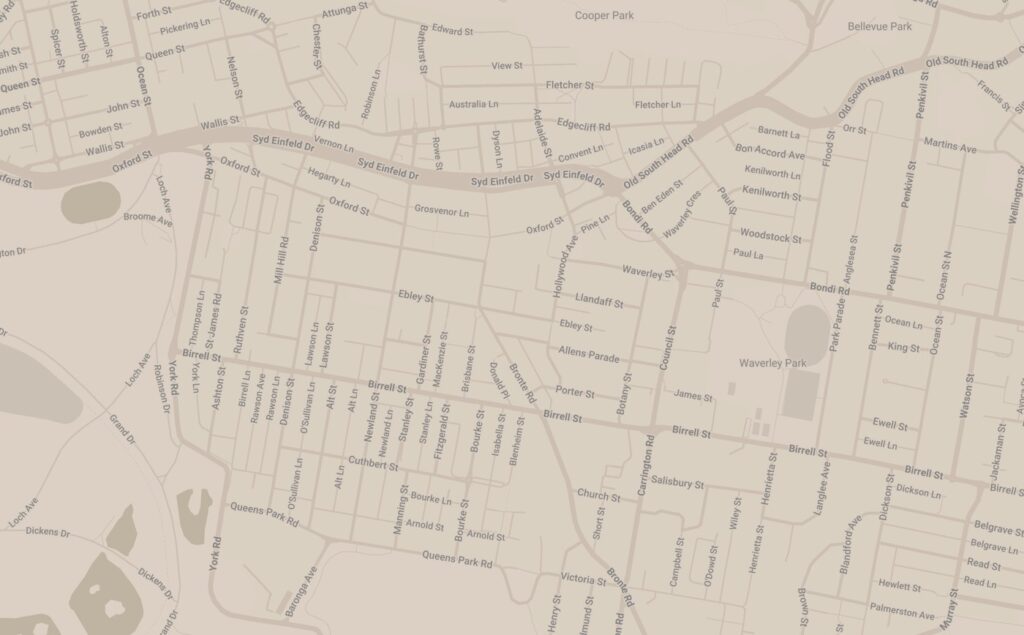 A beige street map displays a dense suburban road network surrounding green spaces including Cooper Park, Bellevue Park, and Waverley Park. **Text found in the image:** * **Parks:** Cooper Park, Bellevue Park, Waverley Park * **Major Roads & Streets:** Syd Einfeld Dr, Oxford St, Edgecliff Rd, Old South Head Rd, Bondi Rd, Ebley St, Birrell St, Queens Park Rd, Victoria St, Bronte Rd, Nelson St, Queen St, Ocean St, Wallis St, John St, Bowden St, York Rd, Loch Ave, Broome Ave, Denison St, Mill Hill Rd, Lawson St, Rawson Ave, Newland St, Cuthbert St, Stanley St, Gardiner St, Mackenzie St, Brisbane St, Donald Pl, Allens Parade, Llandaff St, Waverley St, Council St, Botany St, Porter St, Carrington Rd, Salisbury St, Church St, Short St, Campbell St, O'Dowd St, Henry St, Edmund St, Baronga Ave, Dickens Dr, Manning St, Bourke St, Arnold St, Isabella St, Blenheim St, Fitzgerald St, Alt Ln, Henrietta St, Wiley St, Langlee Ave, Blandford Ave, Brown St, Murray St, Palmerston Ave, Hewlett St, Read St, Belgrave St, Dickson St, Ewell St, Jackman St, Watson St, King St, Ocean Ln, Bennett St, Anglesea St, Park Parade, James St, Paul St, Woodstock St, Kenilworth St, Bon Accord Ave, Barnett La, Flood St, Orr St, Penkivil St, Martins Ave, Francis St, Fletcher St, Australia Ln, Convent Ln, Icasia Ln, Ben Eden St, Waverley Cres, Pine Ln, Hollywood Ave, Adelaide St, Dyson Ln, Rowe St, Bathurst St, View St, Fletcher Ln, Chester St, Robinson Ln, Vernon Ln, Hegarty Ln, Grosvenor Ln, Forth St, Pickering Ln, Attunga St, Edward St, Spicer St, Holdsworth St, Alton St, Thompson Ln, St James Rd, Ruthven St, York Ln, Robinson Dr, Grand Dr.