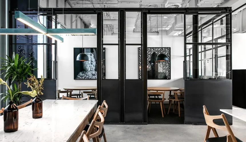 Black metal and glass sliding partitions enclose private dining nooks with round tables and framed artwork, set within a modern interior featuring marble tables and industrial concrete ceilings.