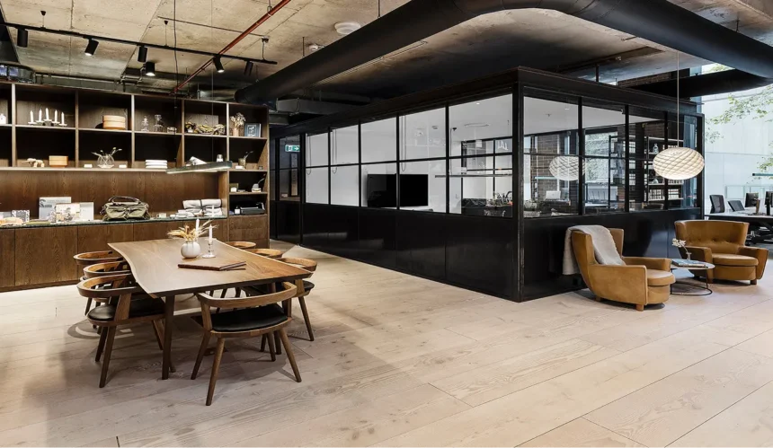 A long wooden dining table surrounded by chairs and leather armchairs sits inside a modern industrial interior featuring dark glass-walled rooms, built-in shelving, exposed ceiling ducts, and light wood flooring.