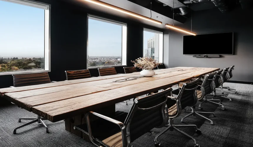 A long, rustic wooden conference table lined with black executive chairs extends through a sleek boardroom featuring dark walls, large cityscape windows, overhead linear lighting, and a mounted screen.