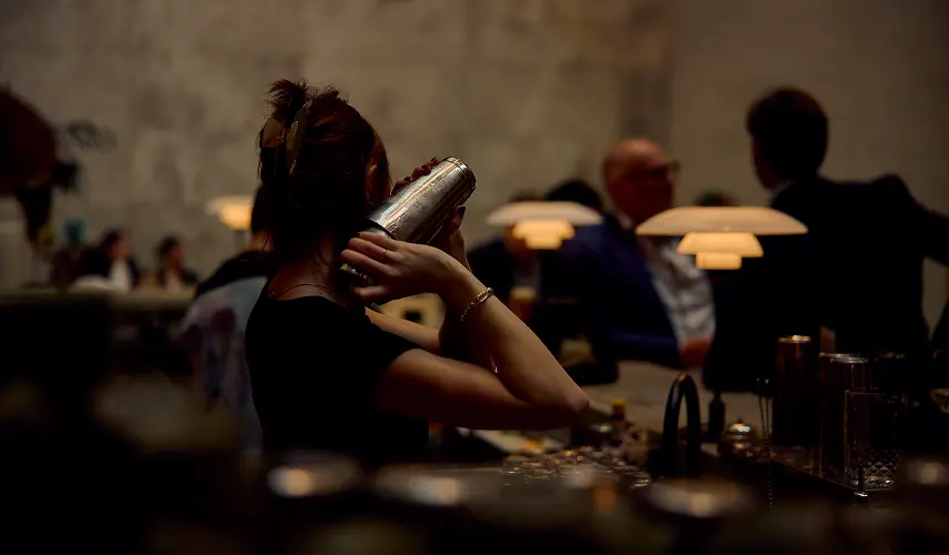 A female bartender seen from behind shakes a silver cocktail shaker at shoulder level inside a dimly lit, stylish bar surrounded by blurred patrons and warm, ambient lighting.