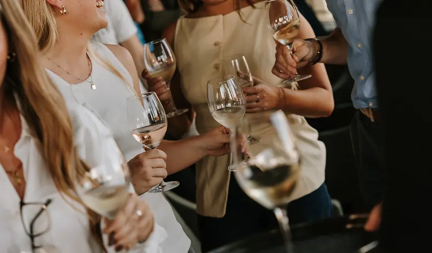 Guests hold and raise glasses filled with white and rosé wine while mingling together at a sophisticated social gathering.