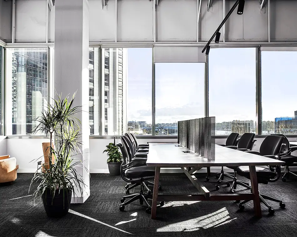 A long wooden conference table lined with black rolling chairs stands in a modern, sunlit office space featuring large panoramic windows overlooking city buildings and potted plants on dark carpet.