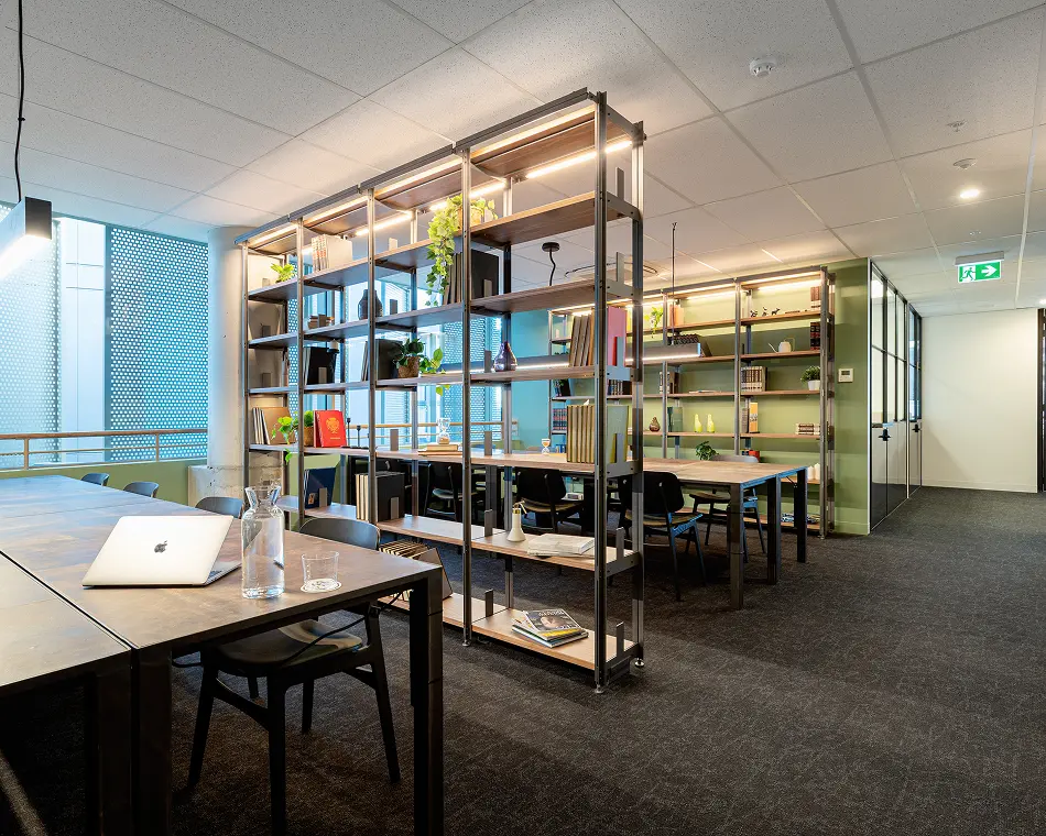 An illuminated open-framework shelving unit divides a modern office space, displaying decor between long wooden worktables, black chairs, dark carpeted floors, and a green accent wall.
