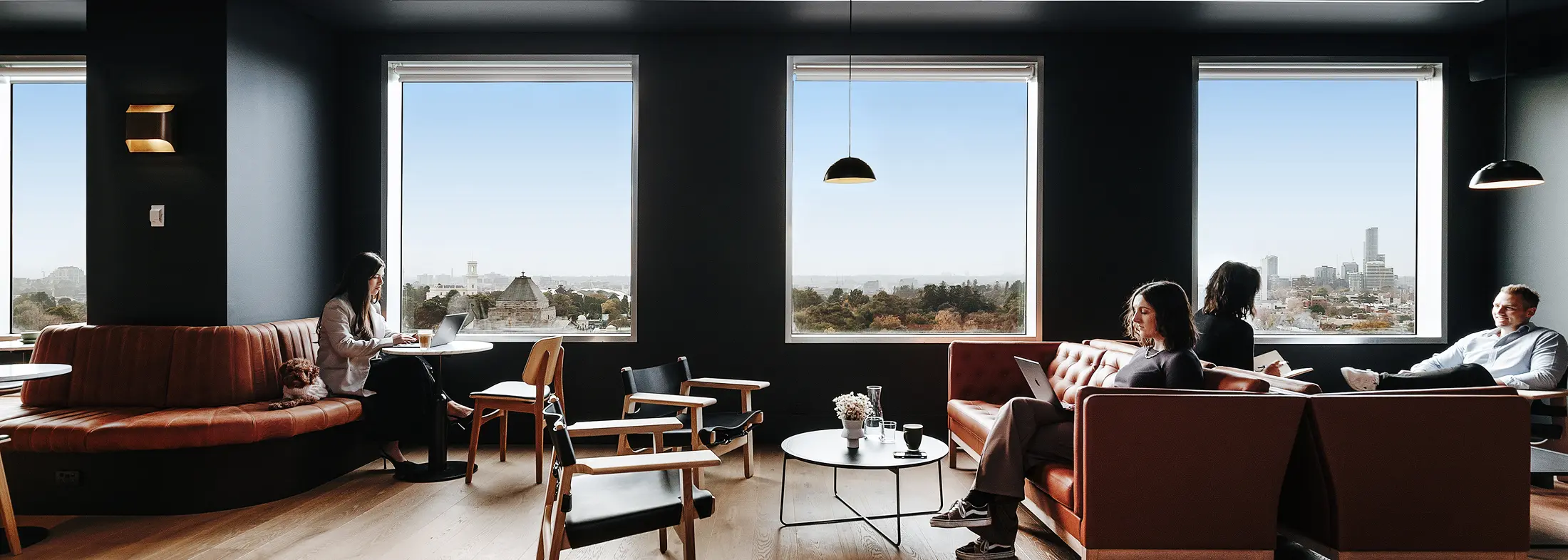 Professionals work on laptops while seated on leather sofas inside a dark-walled, modern lounge featuring large square windows that overlook a city skyline and expansive green parks.